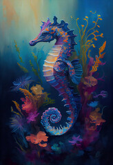 A charming portrait of a seahorse with a dynamic pose is depicted in this stunning oil painting. The seahorse animal is set against a backdrop of delicate florals. Generative AI. - obrazy, fototapety, plakaty