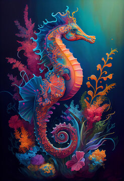 A charming portrait of a seahorse with a dynamic pose is depicted in this stunning oil painting. The seahorse animal is set against a backdrop of delicate florals. Generative AI.