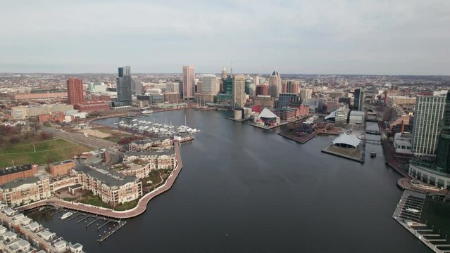 Inner Harbor, Baltimore, Maryland skyline. Crisp 4K drone shot.