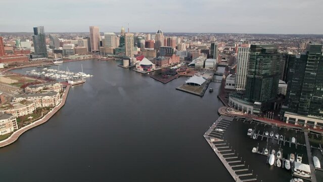 Inner Harbor Baltimore. Crisp rich drone shot, 4K