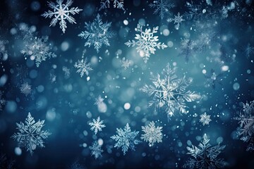 winter wonderland with falling snowflakes on a blue background. Generative AI