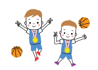 金メダルをもらって大喜びしているバスケットボールチームの男の子たち
