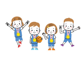 金メダルをもらって大喜びしているバスケットボールチームの子どもたち