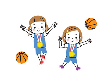 金メダルをもらって大喜びしているバスケットボールチームの女子ふたり