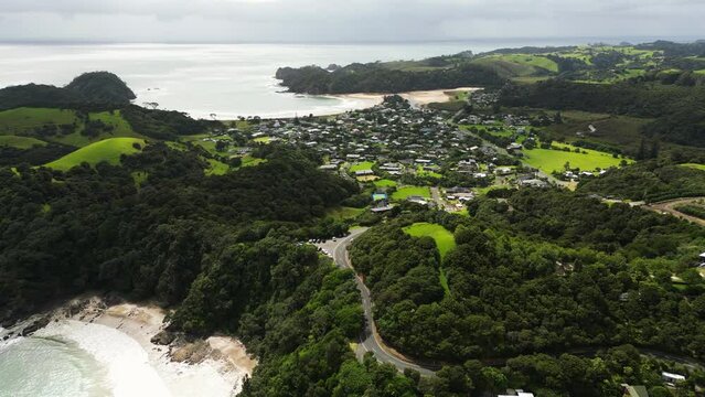 Tranquil nature reserve Whale bay, by Matapouri town, New Zealand, aerial