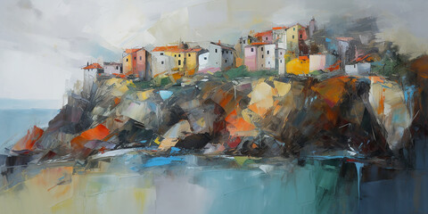 an abstract watercolor of a seaside Mediterranean village