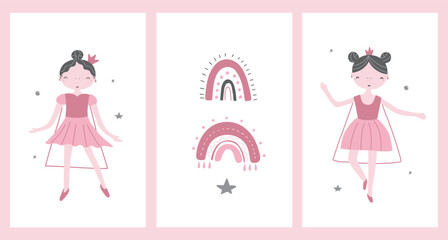 Set of children's illustrations with a cute princess and rainbows, hand drawn. Vector illustration for prints, postcards, clothes.
