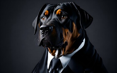 Rottweiler dog portrait wearing elegant outfit. side portrait. Generative AI technology