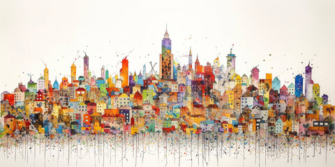 a colorful cityscape, pointillism, plain white background