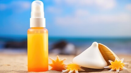Sunscreen cream bottles and tubes on a vacation background. Generative AI