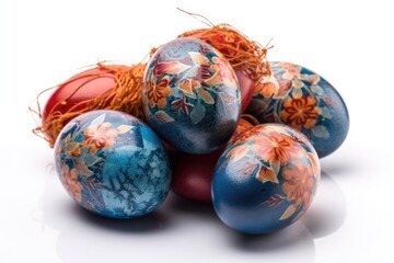 colorful pile of decorated eggs in shades of blue and orange. Generative AI