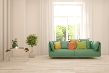 White living room with sofa and summer landscape in window. Scandinavian interior design. 3D illustration