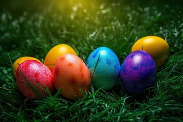 Fototapeta na wymiar colorful Easter egg hunt in a beautiful green meadow. Generative AI