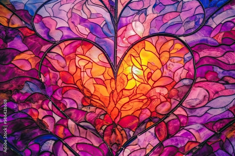 Poster heart-shaped stained glass window in a building with sunlight streaming through. generative ai
