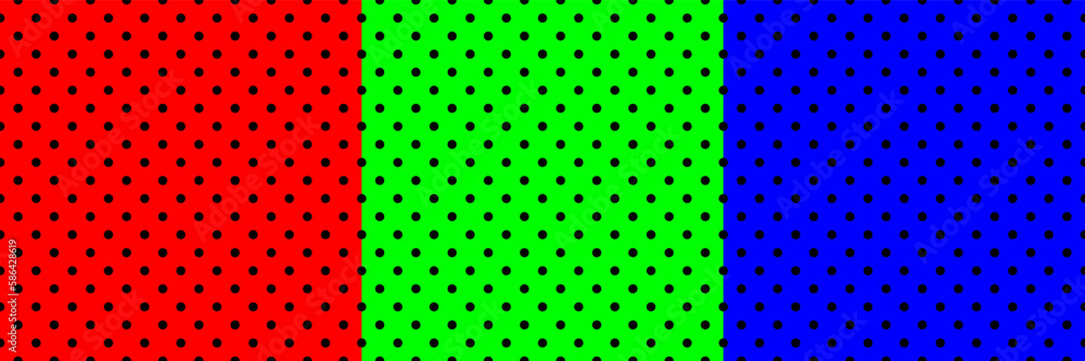 Poster black circle polka dot on red,green and blue for pattern and background.