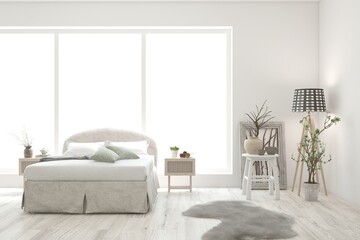 White lbedroom concept. Scandinavian interior design. 3D illustration