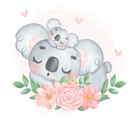 Cute Koala Mother and Baby Cartoon Watercolor Illustration. Perfect for nursery art, baby shower invitations, and Mother's Day creations
