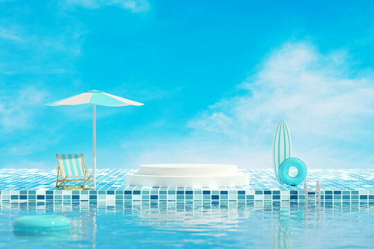 Modern podium in the pool with concept of blue sky background with clouds. A chair under an umbrella, surfboard and swimming buoy displayed. 3D rendering