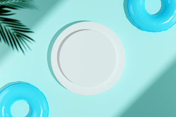 Abstract geometric shape pastel color scene minimal, design for cosmetic or product display on round podium. Tropical leaf and swimming buoys decorated. 3D illustration