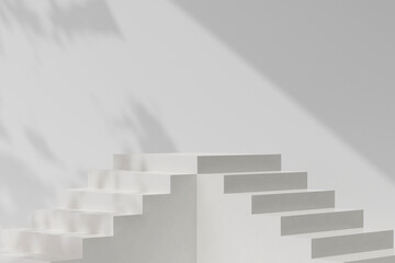 3d rendering white stairway on on a plain white wall background with natural shadow leaves. Abstract platform podium for product presentation.