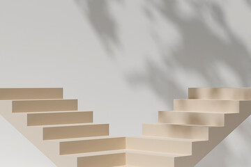 illustration background with 3d rendering beige stairway on white wall background with natural shadow leaves. Pedestal for cosmetic product and packaging mockups display presentation