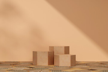 Fototapeta premium 3d render beige round podiums on the marble floor on pink background. Abstract background with empty space for branding and minimal presentation.