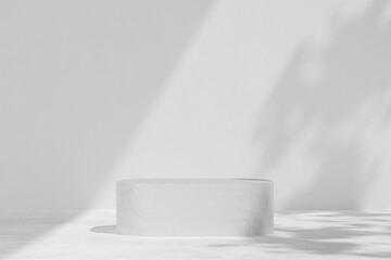 Abstract minimal nature scene - empty stage and geometric podium on white wall background and soft shadow of leaves. Scene composition for product presentation. 3d illustration.