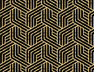 Abstract geometric pattern with stripes, lines. Seamless vector background. Gold and black ornament. Simple lattice graphic design