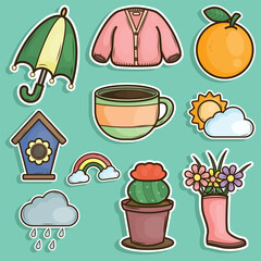 Set of Spring Season Cute Sticker Illustration Set