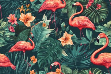 flamingos in a tropical paradise surrounded by lush plants. Generative AI