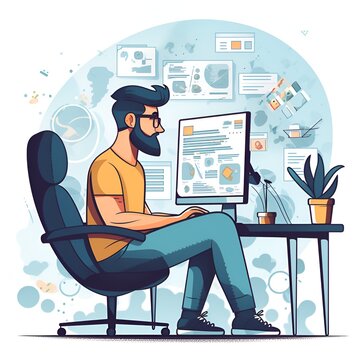 Illustration of a man seated on a chair in his office working on his computer