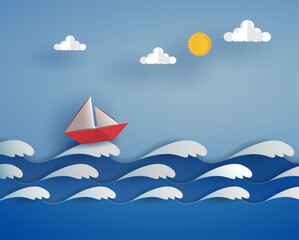 origami red boat and team in blue seascape view with clouds, sun, mountain and blue sky. vector illustrator design in paper cut concept.