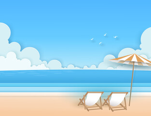Nature seascape view on the beach with chair, bench, umbrella, blue sea, clouds, sky and birds in summer day. design on vector paper art concept.