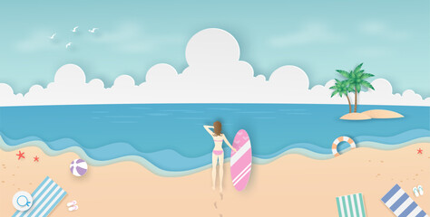 Fototapeta na wymiar Woman in pink bikini set walking on the beach with surfboard in her hand looking to the blue sea, coconut tree, island, clouds, bird and sky in summer day. seascape view in vector paper art concept.