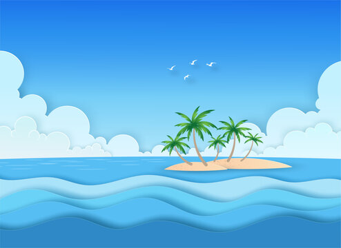 Nature blue seascape view on the beach looking to the island in the ocean ,sea wave, coconut trees, clouds, blue sky and birds in summer day. Vector paper art concept.