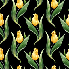 Seamless pattern with yellow flowers on black. Spring tulip flowers. Summer or Spring background.