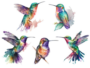 Watercolor Colorful Hummingbirds. Generative ai illustrations