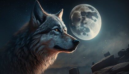 El lobo y la Luna - obrazy, fototapety, plakaty