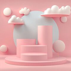 Light pink advertising podium for product demonstration with clouds on the shelves. Mockup with cylinders and round shapes. AI Generated