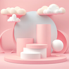 Light pink advertising podium for product demonstration with clouds. Mockup with cylinders and round shapes. AI Generated