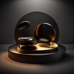 Black and gold advertising podium for product demonstration. Mockup with round shapes. AI Generated