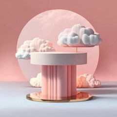 Light pink advertising podium for product demonstration. Podium mockup with Clouds. AI Generated
