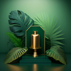 Mockup gold metal bottle on a green emerald background. An advertising podium for product demonstration. Tropical style. AI Generated