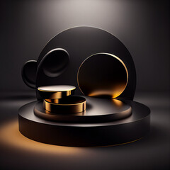 Black and gold advertising podium for product demonstration. Mockup with round shapes and yellow  light . AI Generated