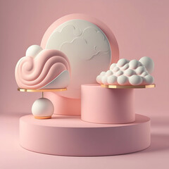 Pink and white advertising podium for product demonstration. Mockup with round shapes. AI Generated