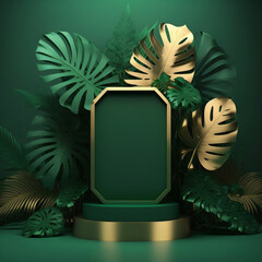 Emerald green mockup. An advertising podium for product demonstration. Tropical style. AI Generated