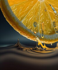 Juicy slice of orange with water drops on black background