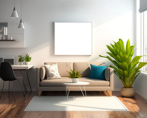 Modern stylish interior living room with mock up frame. Сozy sofa, wooden floor and blank white poster on the wall, empty carpet, minimalist design. Generative AI.