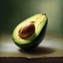 A juicy half of a cut avocado with a pit. In the style of oil painting. AI generated.