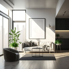 Empty Poster on the wall. Modern bright living room interior with with tropical plants, sofa, wooden floor and blank white poster on the wall, minimalist design. Generative AI